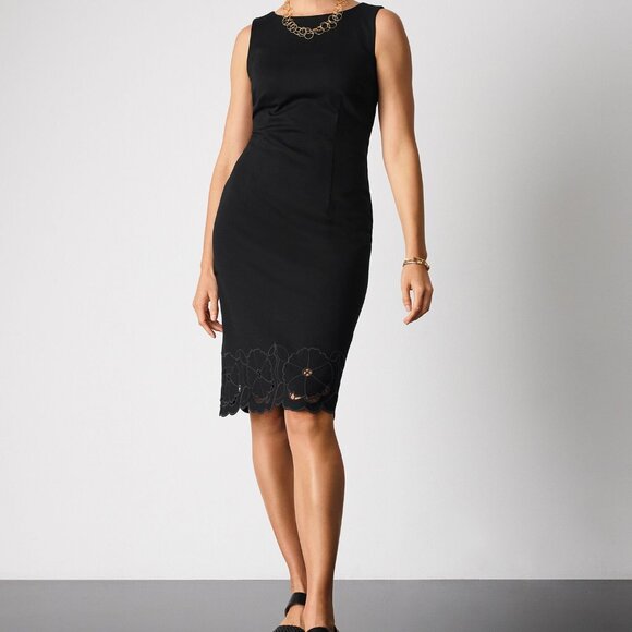 Talbots Black Floral Embroidered Ponte Knit Shift Sleeveless Dress Size 8 NWT - Picture 1 of 8